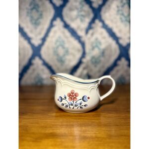 Hearthside Brambleberry Pattern Ceramic Gravy Boat With Blue Rim.